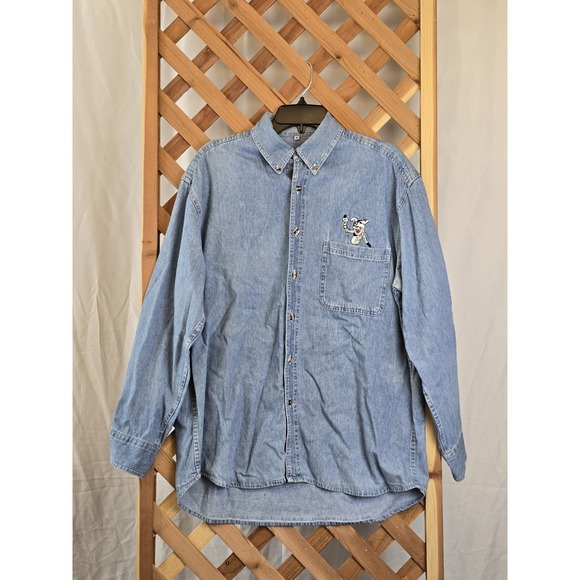 RARE Vtg 90s Pets.com Dog Sock Puppet Promo Denim Shirt Size XL Blue Button Down